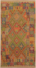 Flat Weave Kilim Antique Navaho Vintage handmade Geometric Kilim Gold Blue Hand-Woven Rectangle 100% Wool Area Rug 4x7 