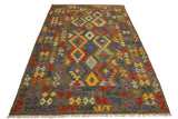 Flat Weave Kilim Antique Navaho Vintage handmade Geometric Kilim Brown Blue Hand-Woven Rectangle 100% Wool Area Rug 6x8 