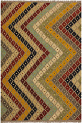 Flat Weave Kilim Antique Navaho Vintage handmade Modern Kilim Gray Beige Hand-Woven Rectangle 100% Wool Area Rug 5x7 