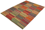 Flat Weave Kilim Antique Navaho Vintage handmade Modern Kilim Green Red Hand-Woven Rectangle 100% Wool Area Rug 7x10 