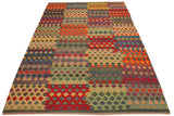 Flat Weave Kilim Antique Navaho Vintage handmade Modern Kilim Green Red Hand-Woven Rectangle 100% Wool Area Rug 7x10 