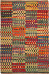 Flat Weave Kilim Antique Navaho Vintage handmade Modern Kilim Green Red Hand-Woven Rectangle 100% Wool Area Rug 7x10 