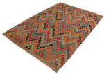 Flat Weave Kilim Antique Navaho Vintage handmade Modern Kilim Brown Blue Hand-Woven Rectangle 100% Wool Area Rug 6x8 