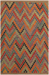 Flat Weave Kilim Antique Navaho Vintage handmade Modern Kilim Brown Blue Hand-Woven Rectangle 100% Wool Area Rug 6x8 