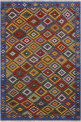 Flat Weave Kilim Antique Navaho Vintage handmade Geometric Kilim Brown Blue Hand-Woven Rectangle 100% Wool Area Rug 5x8 