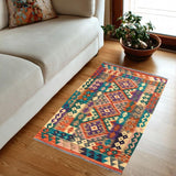 Flat Weave Kilim Antique Navaho Vintage handmade Geometric Kilim Rust Green Hand-Woven Rectangle 100% Wool Area Rug 3x5 