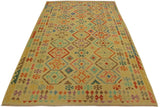 Flat Weave Kilim Antique Navaho Vintage handmade Geometric Kilim Tan Blue Hand-Woven Rectangle 100% Wool Area Rug 7x10 