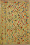 Flat Weave Kilim Antique Navaho Vintage handmade Geometric Kilim Tan Blue Hand-Woven Rectangle 100% Wool Area Rug 7x10 