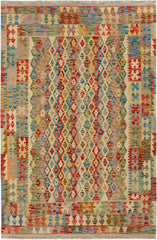 Flat Weave Kilim Antique Navaho Vintage handmade Geometric Kilim Beige Blue Hand-Woven Rectangle 100% Wool Area Rug 5x7 