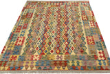 Flat Weave Kilim Antique Navaho Vintage handmade Geometric Kilim Beige Blue Hand-Woven Rectangle 100% Wool Area Rug 5x7 