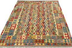 Flat Weave Kilim Antique Navaho Vintage handmade Geometric Kilim Beige Blue Hand-Woven Rectangle 100% Wool Area Rug 5x7 