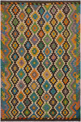 Flat Weave Kilim Antique Navaho Vintage handmade Geometric Kilim Brown Beige Hand-Woven Rectangle 100% Wool Area Rug 6x8 