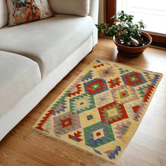 Flat Weave Kilim Antique Navaho Vintage handmade Geometric Kilim Beige Blue Hand-Woven Rectangle 100% Wool Area Rug 3x4 