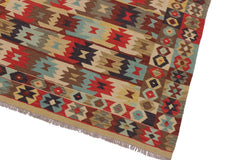 Flat Weave Kilim Antique Navaho Vintage handmade Geometric Kilim Beige Blue Hand-Woven Rectangle 100% Wool Area Rug 5x7 