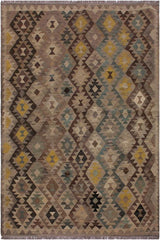 Flat Weave Kilim Antique Navaho Vintage handmade Geometric Kilim Tan Green Hand-Woven Rectangle 100% Wool Area Rug 6x8 