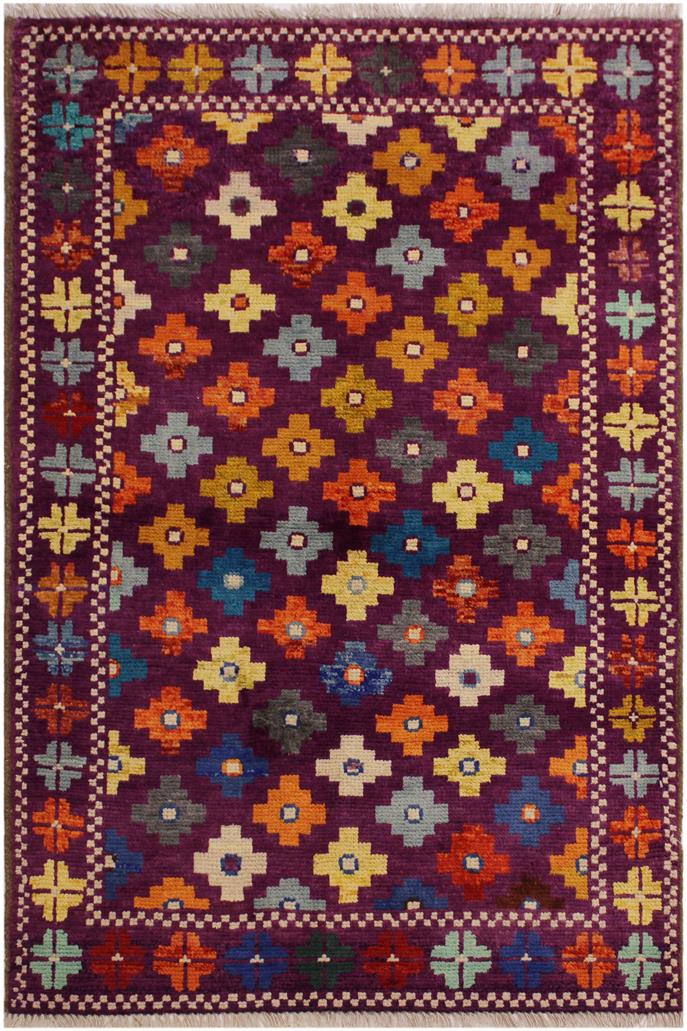 handmade Geometric Balouchi Purple Green Hand Knotted RECTANGLE 100% WOOL area rug 3x5