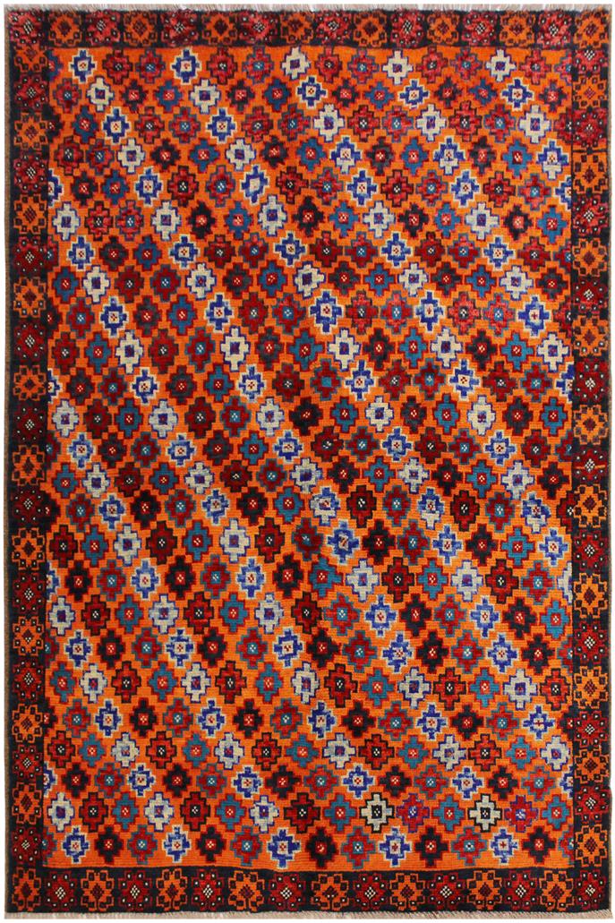 handmade Geometric Balouchi Orange Black Hand Knotted RECTANGLE 100% WOOL area rug 5x7