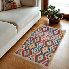 Rustic Turkish Kilim Broderic Hand-Woven Wool Rug - 3'2'' x 4'9''