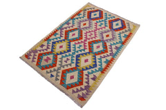 Rustic Turkish Kilim Broderic Hand-Woven Wool Rug - 3'2'' x 4'9''