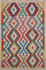 Rustic Turkish Kilim Broderic Hand-Woven Wool Rug - 3'2'' x 4'9''