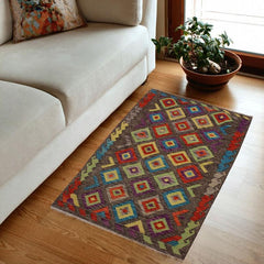 Tribal Turkish Kilim Carmelit Hand-Woven Wool Rug - 3'5'' x 4'11''