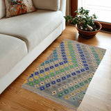 Handmade Geometric Kilim Blue Gray Hand-Woven Rectangle 100% Wool Area Rug 3 X 4