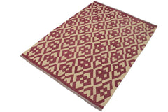 Flat Weave Kilim Antique Navaho Vintage handmade Modern Kilim Burgundy Beige Hand-Woven Rectangle 100% Wool Area Rug 6x8 