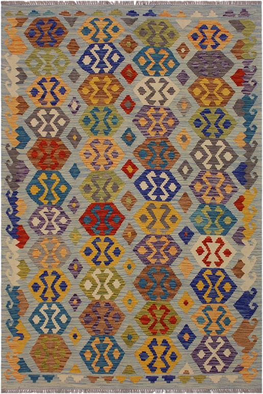 Flat Weave Kilim Antique Navaho Vintage handmade Geometric Kilim Gray Blue Hand-Woven Rectangle 100% Wool Area Rug 5x7 