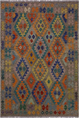 Flat Weave Kilim Antique Navaho Vintage handmade Geometric Kilim Brown Blue Hand-Woven Rectangle 100% Wool Area Rug 5x7 