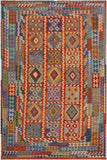 Flat Weave Kilim Antique Navaho Vintage handmade Geometric Kilim Rust Blue Hand-Woven Rectangle 100% Wool Area Rug 7x10 