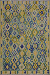 Flat Weave Kilim Antique Navaho Vintage handmade Geometric Kilim Green Blue Hand-Woven Rectangle 100% Wool Area Rug 7x10 