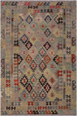 Flat Weave Kilim Antique Navaho Vintage handmade Geometric Kilim Gray Pink Hand-Woven Rectangle 100% Wool Area Rug 6x8 