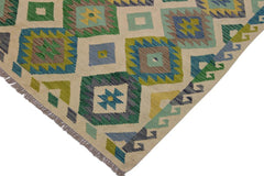 Flat Weave Kilim Antique Navaho Vintage handmade Geometric Kilim Ivory Green Hand-Woven Rectangle 100% Wool Area Rug 5x8 