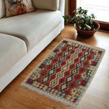 Flat Weave Kilim Antique Navaho Vintage handmade Geometric Kilim Beige Red Hand-Woven Rectangle 100% Wool Area Rug 3x5 