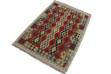 Flat Weave Kilim Antique Navaho Vintage handmade Geometric Kilim Beige Red Hand-Woven Rectangle 100% Wool Area Rug 3x5 