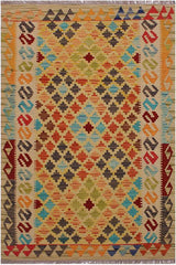 Flat Weave Kilim Antique Navaho Vintage handmade Geometric Kilim Beige Red Hand-Woven Rectangle 100% Wool Area Rug 3x5 