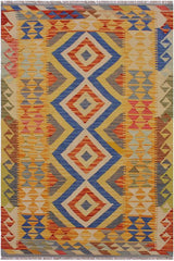 Flat Weave Kilim Antique Navaho Vintage handmade Geometric Kilim Beige Blue Hand-Woven Rectangle 100% Wool Area Rug 3x6 