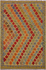 Flat Weave Kilim Antique Navaho Vintage handmade Modern Kilim Gold Gray Hand-Woven Rectangle 100% Wool Area Rug 3x5 