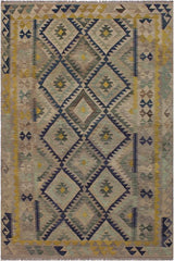 Flat Weave Kilim Antique Navaho Vintage handmade Geometric Kilim Gray Gold Hand-Woven Rectangle 100% Wool Area Rug 6x8 