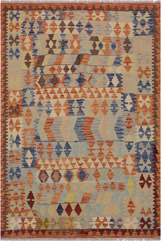 Flat Weave Kilim Antique Navaho Vintage handmade Geometric Kilim Rust Tan Hand-Woven Rectangle 100% Wool Area Rug 5x7 