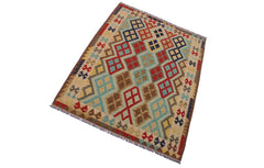 Flat Weave Kilim Antique Navaho Vintage handmade Geometric Kilim Beige Brown Hand-Woven Rectangle 100% Wool Area Rug 5x7 