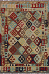 Flat Weave Kilim Antique Navaho Vintage handmade Geometric Kilim Beige Red Hand-Woven Rectangle 100% Wool Area Rug 5x7 