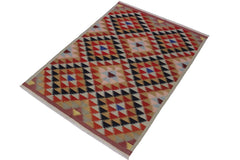 Flat Weave Kilim Antique Navaho Vintage handmade Modern Kilim Pink Rust Hand-Woven Rectangle 100% Wool Area Rug 5x7 