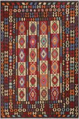 Flat Weave Kilim Antique Navaho Vintage handmade Geometric Kilim Brown Rust Hand-Woven Rectangle 100% Wool Area Rug 8x10 