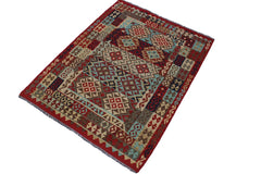 Flat Weave Kilim Antique Navaho Vintage handmade Geometric Kilim Red Tan Hand-Woven Rectangle 100% Wool Area Rug 5x7 