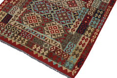 Flat Weave Kilim Antique Navaho Vintage handmade Geometric Kilim Red Tan Hand-Woven Rectangle 100% Wool Area Rug 5x7 