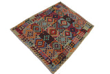 Flat Weave Kilim Antique Navaho Vintage handmade Geometric Kilim Beige Blue Hand-Woven Rectangle 100% Wool Area Rug 6x8 