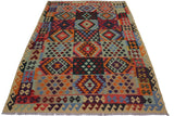 Flat Weave Kilim Antique Navaho Vintage handmade Geometric Kilim Beige Blue Hand-Woven Rectangle 100% Wool Area Rug 6x8 