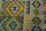 Flat Weave Kilim Antique Navaho Vintage handmade Geometric Kilim Gray Blue Hand-Woven Rectangle 100% Wool Area Rug 5x7 