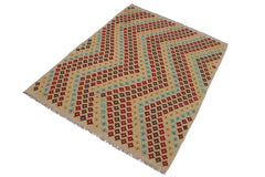 Flat Weave Kilim Antique Navaho Vintage handmade Modern Kilim Tan Red Hand-Woven Rectangle 100% Wool Area Rug 5x7 